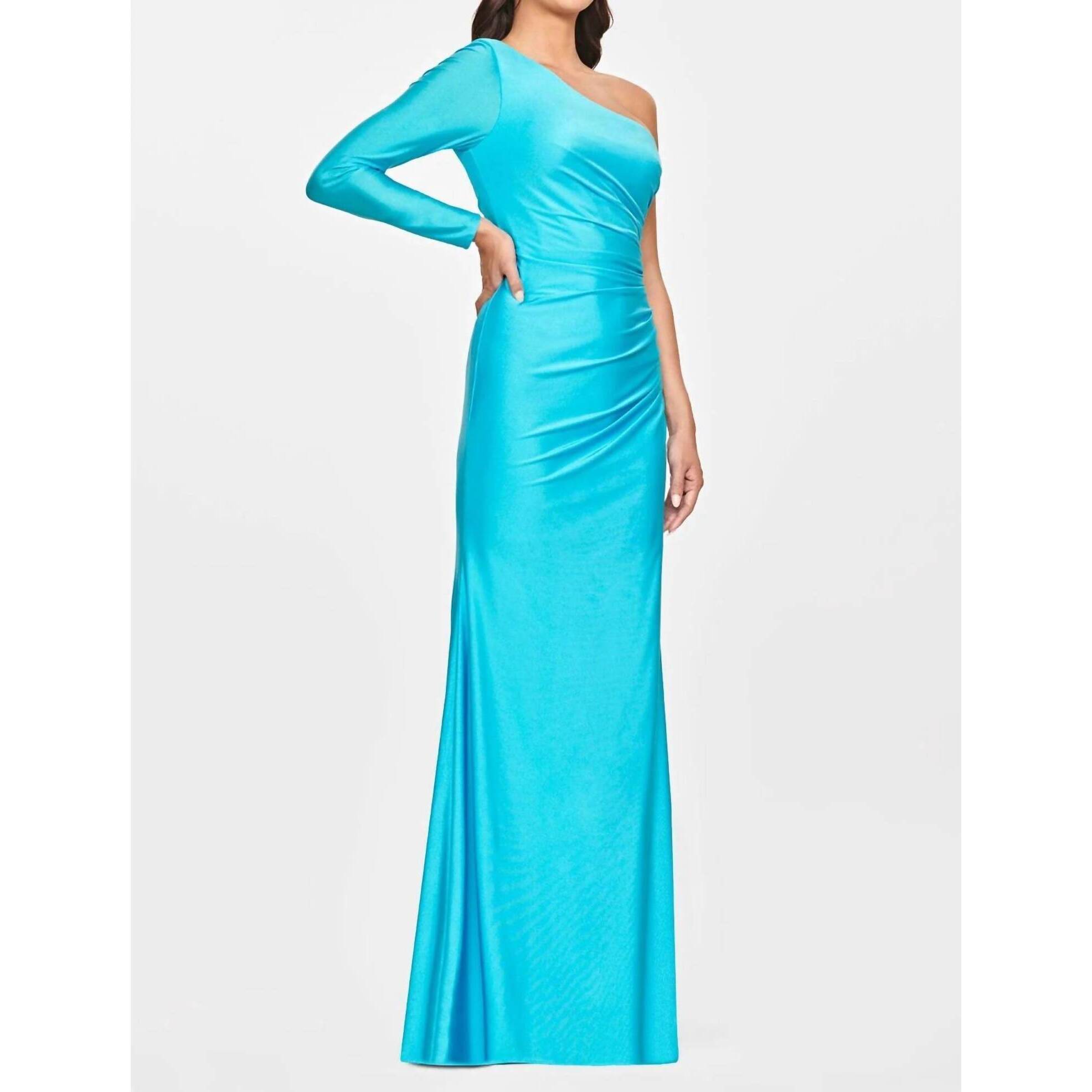 New Faviana One Shoulder Long Sleeve Gown In Sky Blue